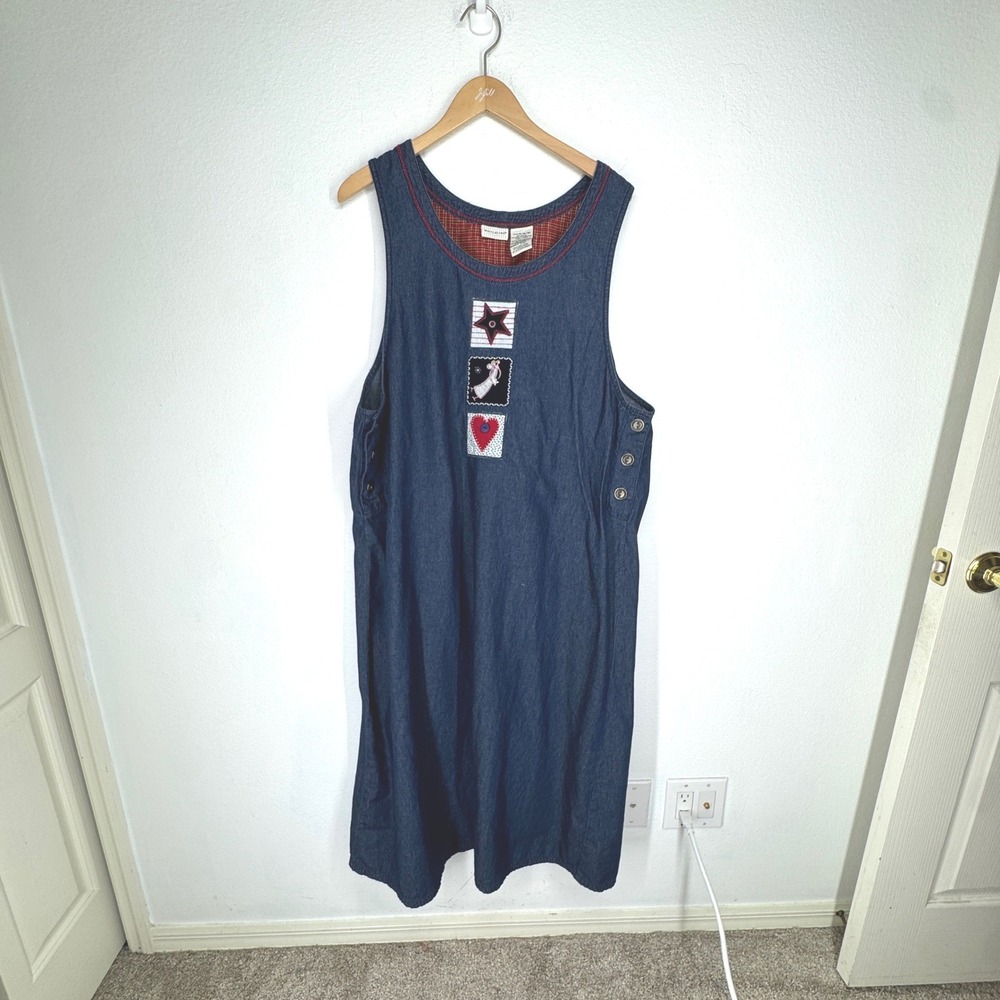White Stag Vintage Denim Jumper Dress XL Dark Wash Embroidered Angel Star Heart